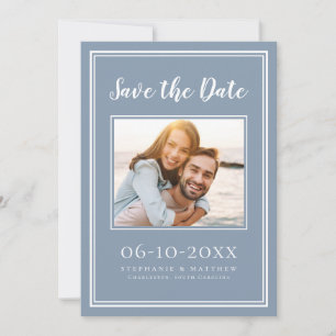 Save The Date Dusty Blue Mariage Photo Simple Fiançailles Modern