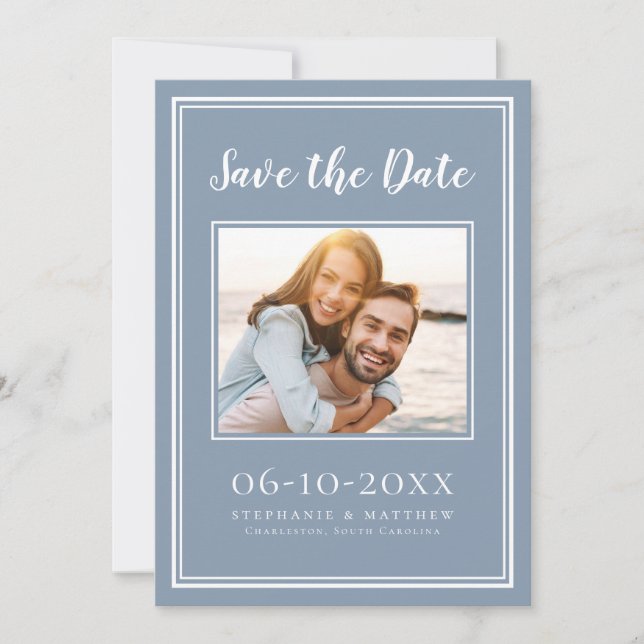 Save The Date Dusty Blue Mariage Photo Simple Fiançailles Modern (Devant)