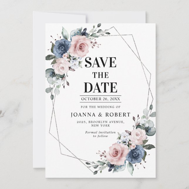 Save The Date Dusty Blue Mauve Eucalyptus Mariage géométrique En (Devant)