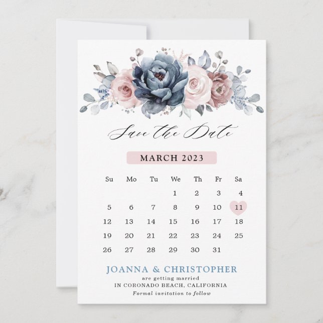 Save The Date Dusty Blue Mauve Rose rose ardoise Florale Mariage (Devant)