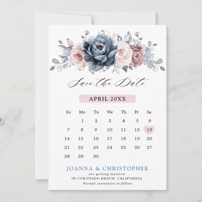Save The Date Dusty Blue Mauve Rose rose ardoise Florale Mariage (Devant)