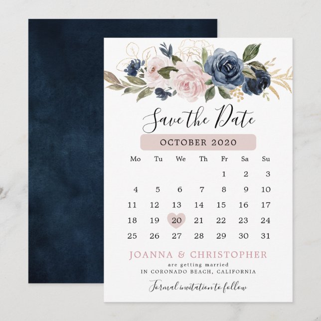 Save The Date Dusty Blue Mauve Rose rose ardoise Mariage floral (Devant / Derrière)