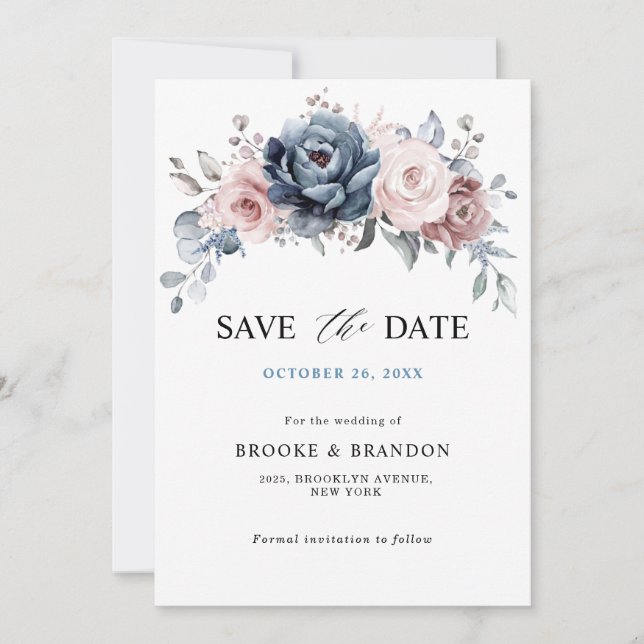 Save The Date Dusty Blue Mauve Rose rose floral Enregistrer la d (Devant)