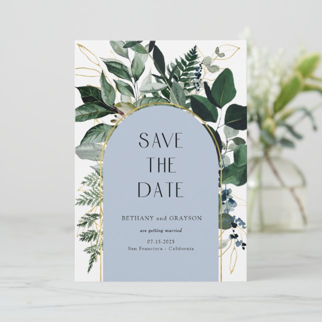 Save The Date Dusty Blue, Modern Greenery feuille code QR (Debout devant)