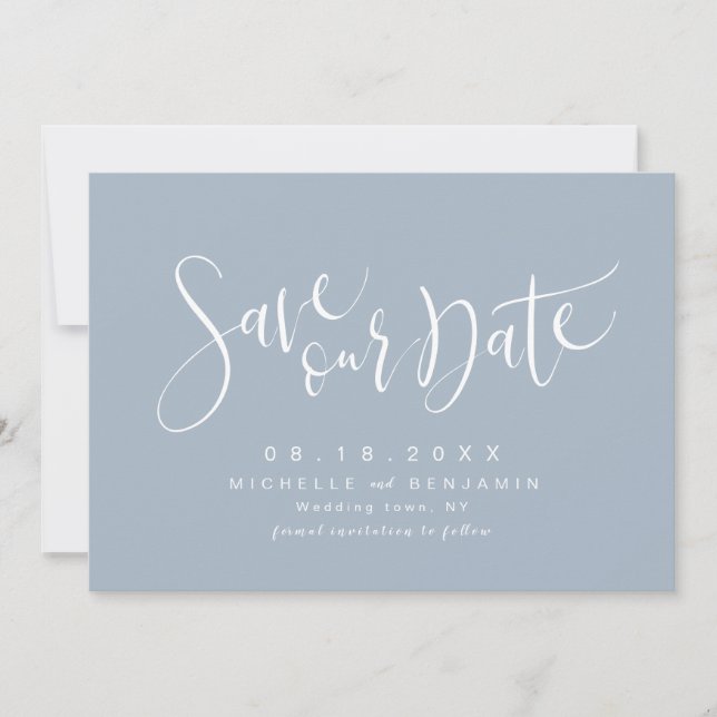 Save The Date Dusty Blue Modern Script Simple Enregistrer La Dat (Devant)