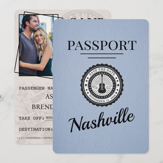 Save The Date Dusty Blue Nashville Passport Enregistrer La Date (Devant / Derrière)