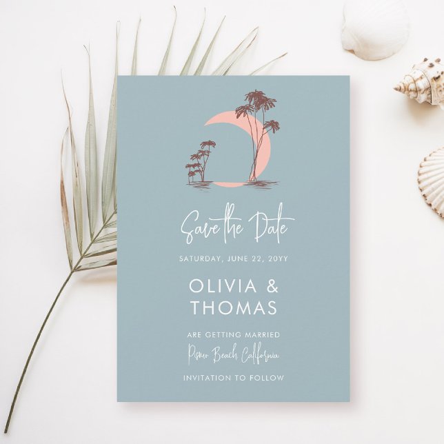 Save The Date Dusty Blue Palm Trees Moon Moderne Plage Mariage (beach wedding save the date dusty blue palm trees crescent moon modern romantic elegant seaside)