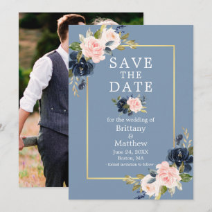 Save The Date Dusty Blue Rose Floral Gold Photo Enregistrer la d