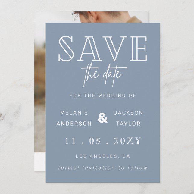 Save The Date Dusty Blue Simple Calligraphie Photo Enregistrer L (Devant / Derrière)