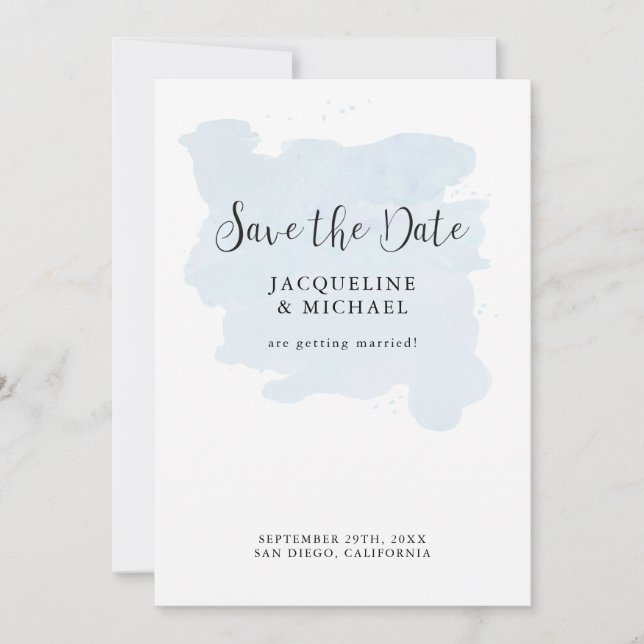 Save The Date Dusty Blue Simple élégant Script moderne Aquarelle (Devant)