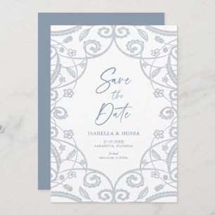 Save The Date Dusty Blue Soft Silver Parties scintillant Floral 