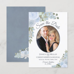Save The Date Dusty Blue Watercolor Roses & Photo Rustic Mariage