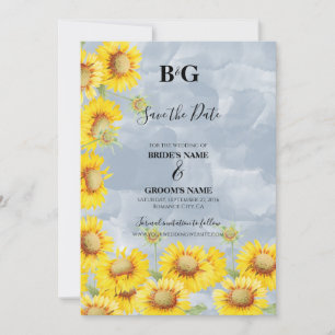 Save The Date Dusty Blue Watercolor Sunflowers Monogram Mariage