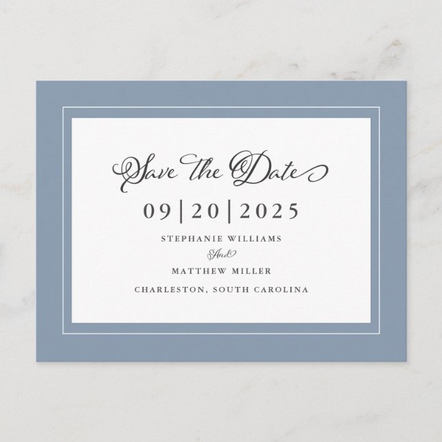Save The Date | Dusty Blue Wedding Elegant Script Announcement Postcard (Front)