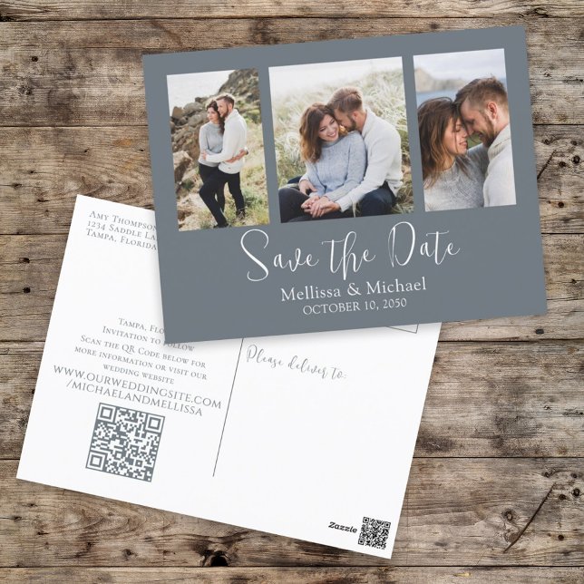 Save the Date Dusty Blue Wedding Photo QR Code Postcard (Creator Uploaded)