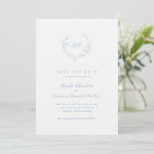 Save The Date Dusty Blue Wreath Monogramme Photo Mariage élégant