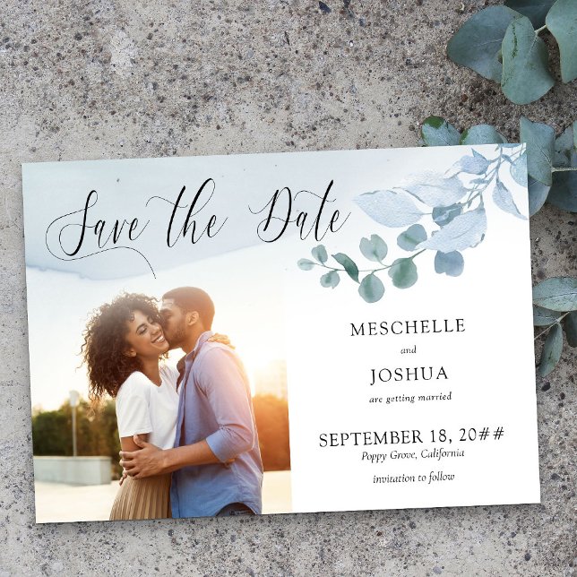 Save The Date Dusty Eucalyptus Mariage Élégant Foliage Photo (Photo Save the Date from my Dusty Eucalyptus wedding collection)