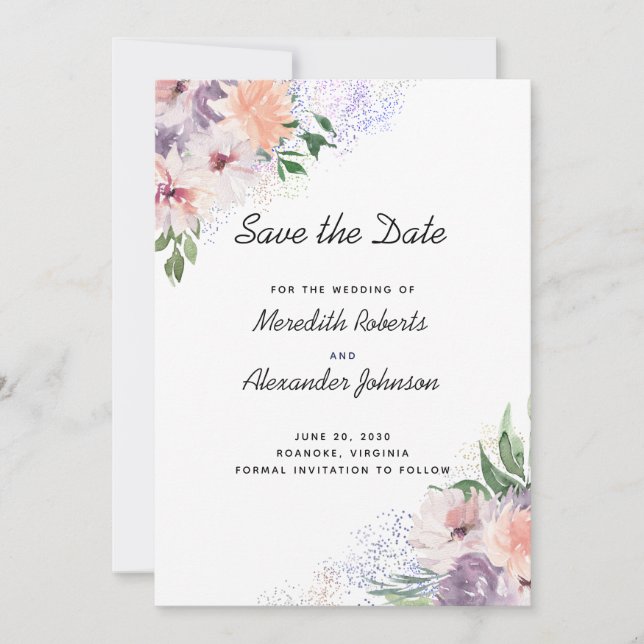 Save The Date Dusty Purple Peach Boho Floral Parties scintillant (Devant)