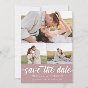 Save The Date Dusty Rose Blanc Élégant Gras Script Photo Collage