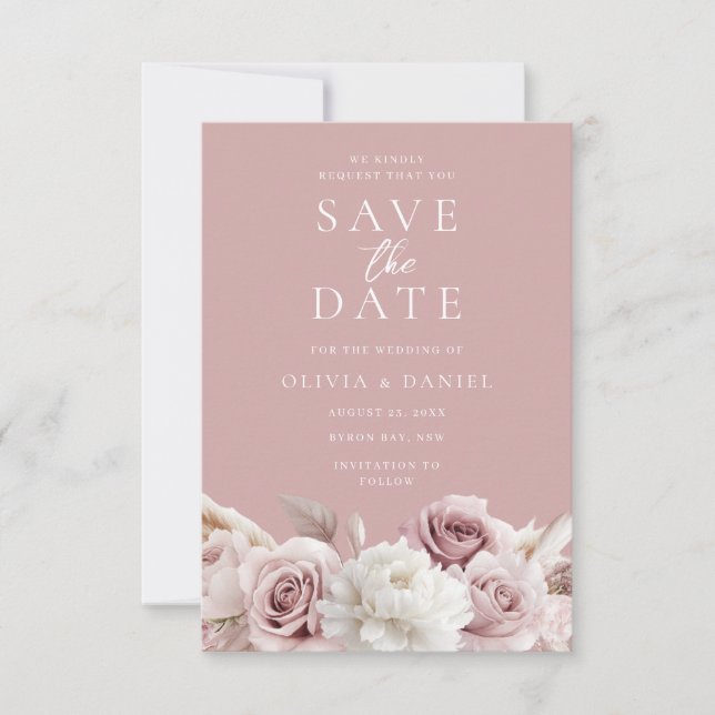 Save The Date Dusty Rose & Blush Roses Mariage élégant (Devant)