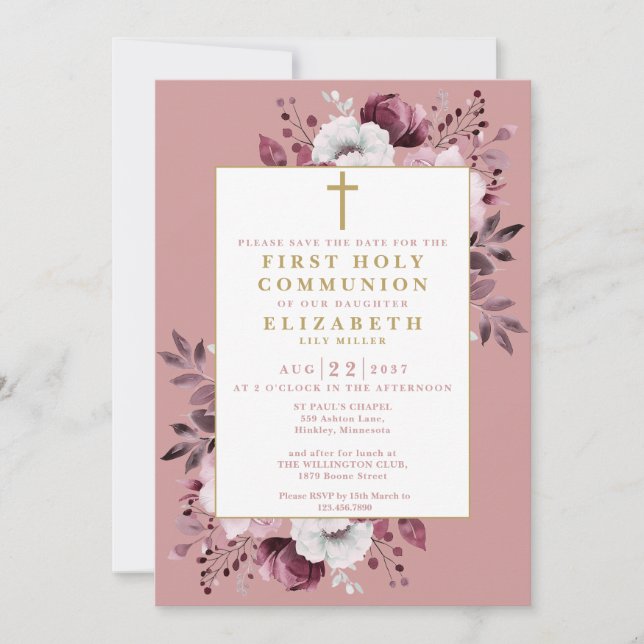 Save The Date Dusty Rose Boho Floral Première Sainte Communion (Devant)