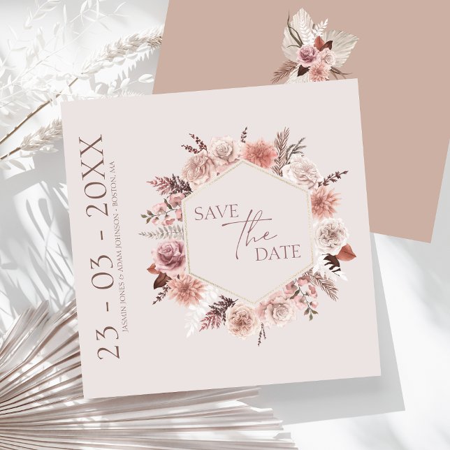 Save The Date Dusty Rose Pampas Boho Enregistrer La Date (Boho Dusty Pink Dried Flowers Wreath Wedding Save The Date)