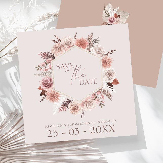 Save The Date Dusty Rose Pampas Grass Wreath Enregistrer La Date (Boho Dusty Pink Dried Flowers Wreath Wedding Save The Date)
