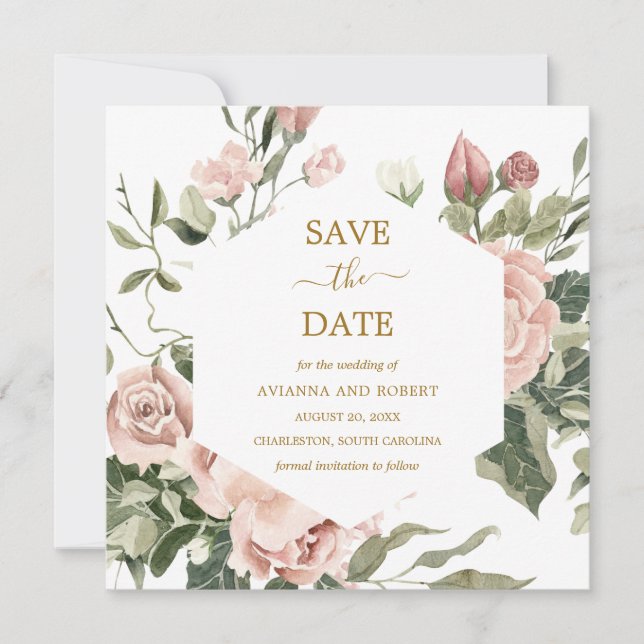 Save The Date Dusty Rose Rose Floral Or Enregistrer La Date (Devant)