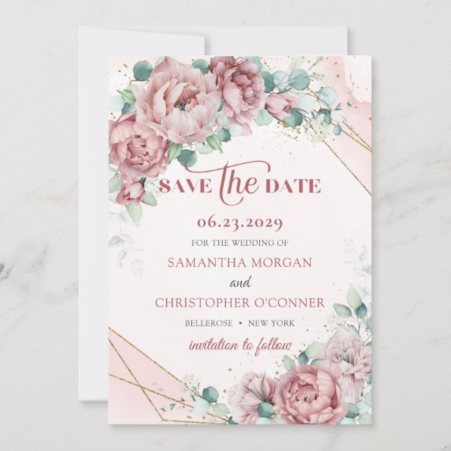 Save The Date Dusty rose verdure eucalyptus or sauver la date (Devant)