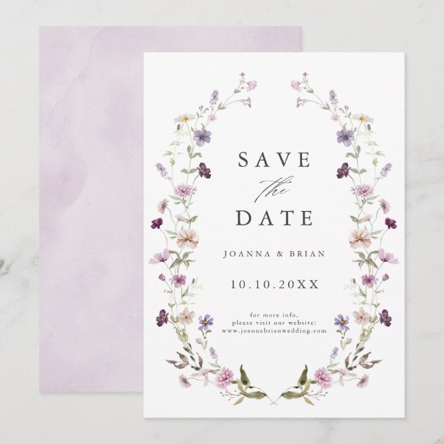 Save The Date Dusty Violet Lavender Fleur sauvage Jardin Mariage (Devant / Derrière)