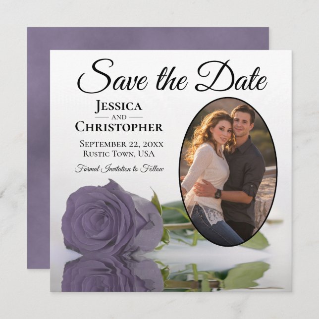 Save The Date Dusty violet Rose sur White Oval Photo Chic Mariag (Devant / Derrière)