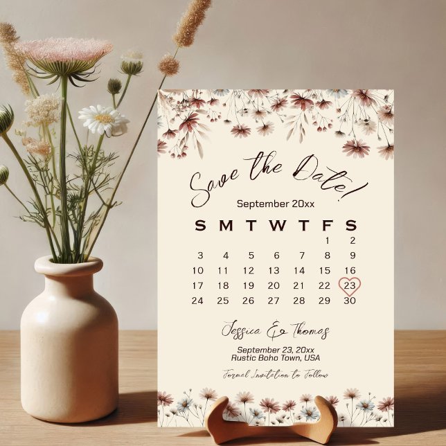 Save The Date Earthtone Boho Chic Fleur sauvage Calendrier Maria (Créateur téléchargé)