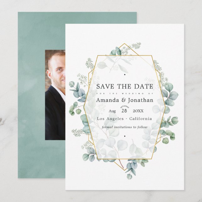 Save The Date Eau aquarelle Eucalyptus Géométrique Mariage Enreg (Devant / Derrière)