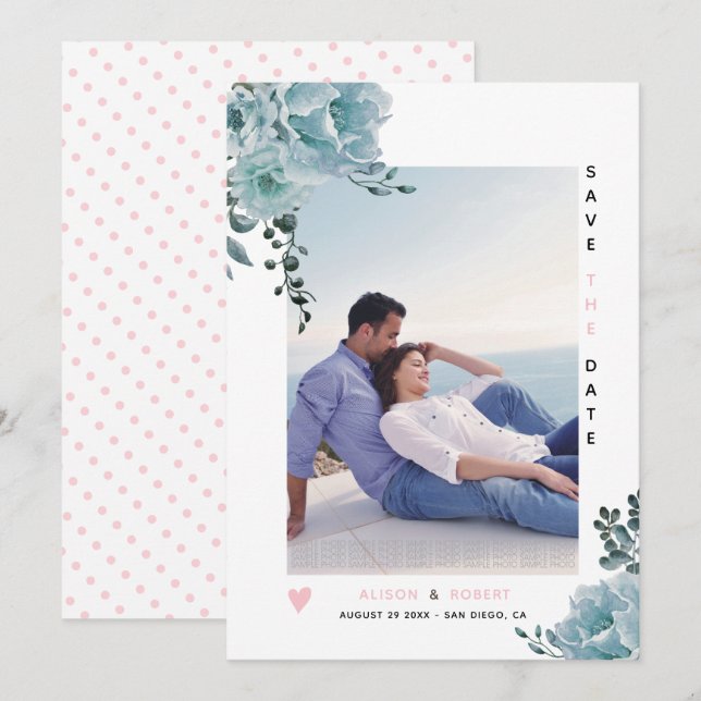 Save The Date Eau bleu poussiéreux fleurs rose pâle et photo (Devant / Derrière)