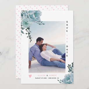 Save The Date Eau bleu poussiéreux fleurs rose pâle et photo
