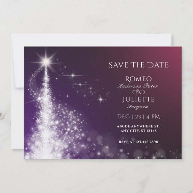 Save The Date Éclairage violet brillant mariage d'arbre de Noël (Devant)