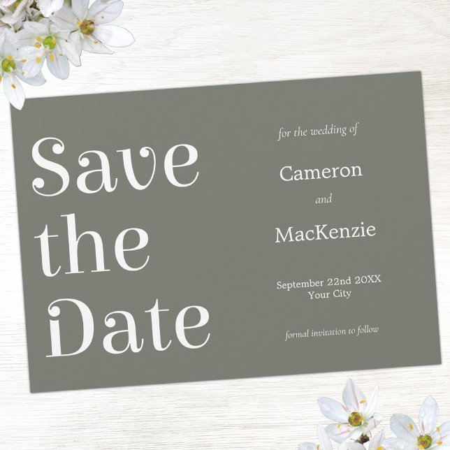 Save The Date Économisez la date de mariage vert sauge minimalis (Sage green minimalist modern typography Save the Date wedding invitation)
