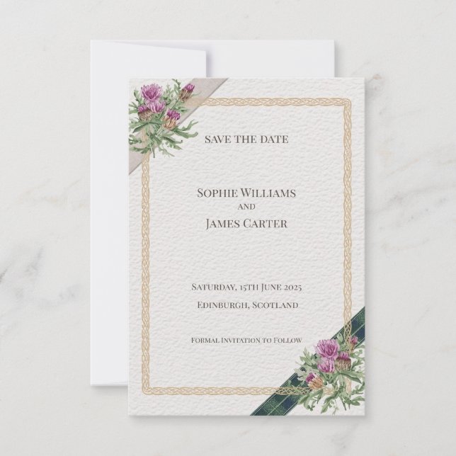 Save The Date écossais Thistle Celtic Tartan Mariage (Devant)