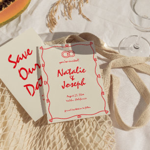 Save The Date Écrit À La Main Vivid Rouge Rétro Unique Quirky Ma
