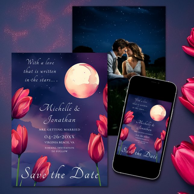 Save The Date Écrit dans Stars Moon et Tulips Mariage photo (Written in the Stars Moon and Tulips Photo Wedding Save The Date)