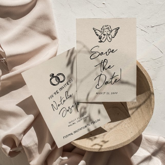 Save The Date Écrit main dessiné Rétro Cupid Quirky Mariage (Créateur téléchargé)