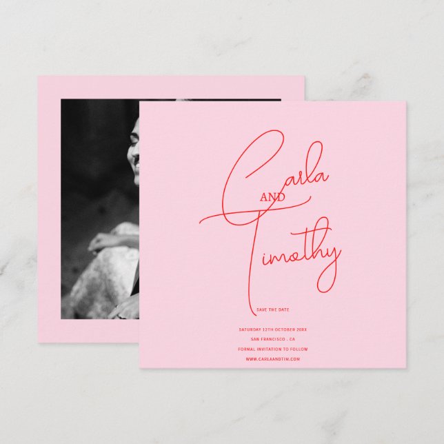 Save The Date Écriture Calligraphique Moderne Rouge Rose Enregis (Devant / Derrière)