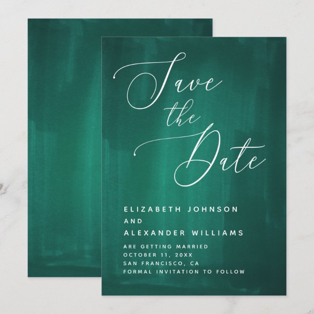 Save The Date Écriture élégante vert foncé. Calligraphie émeraud (Devant / Derrière)
