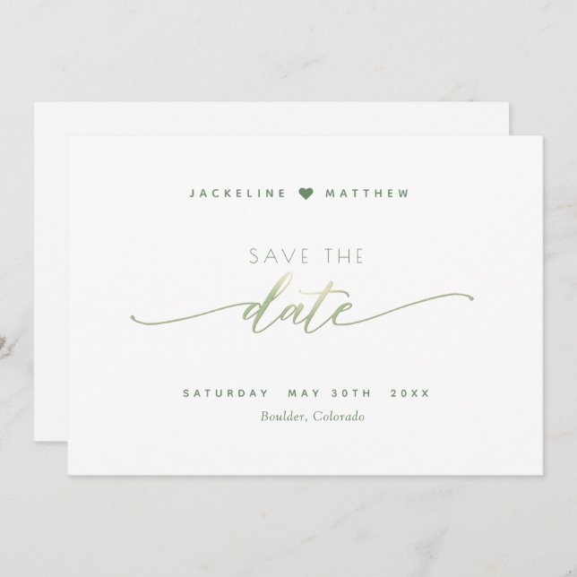 Save The Date Écriture Élégante, Vert, Mariage Simple (Devant / Derrière)