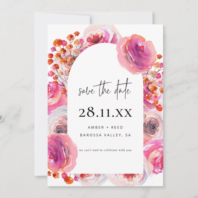 Save The Date Écriture florale aquarelle rose vif moderne  (Devant)