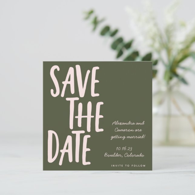 Save The Date Écriture manuscrite moderne rose olive vert Mariag (Debout devant)