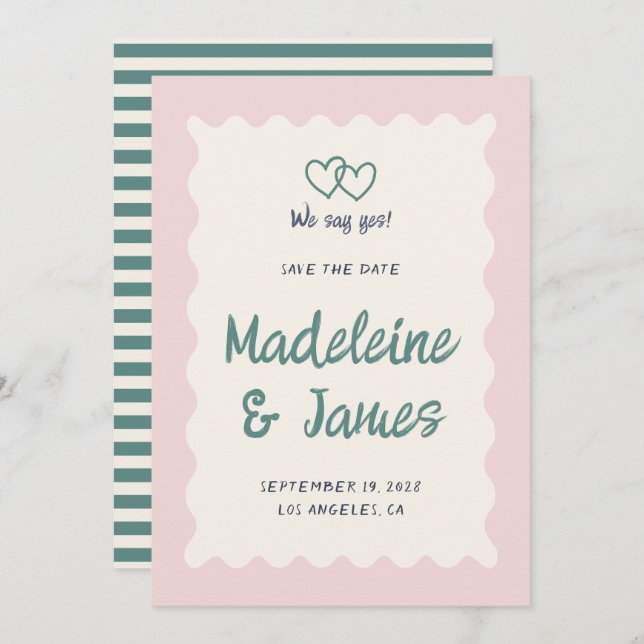 Save The Date Écriture manuscrite Pastel Pink Green Retro Mariag (Devant / Derrière)