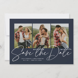 Save The Date Écriture moderne design trois photo bleu marine