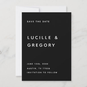 SAVE THE DATE ÉDITORIAL NOIR MODERNE TOUTES MAJUSCULES