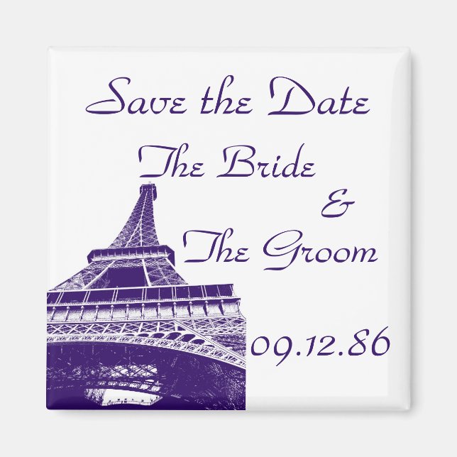 Save the Date Eiffel Tower in Purple Magnet (Front)